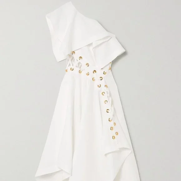 ALEXANDER MCQUEEN  One-shoulder eyelet-embellished ruffled linen-poplin dress - Picture 3 of 4